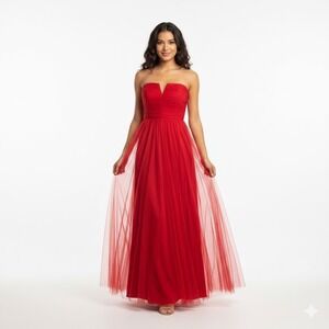 Lulus Red Tulle Strapless Maxi Dress Ruched Notched V Neck Gown Womens Prom